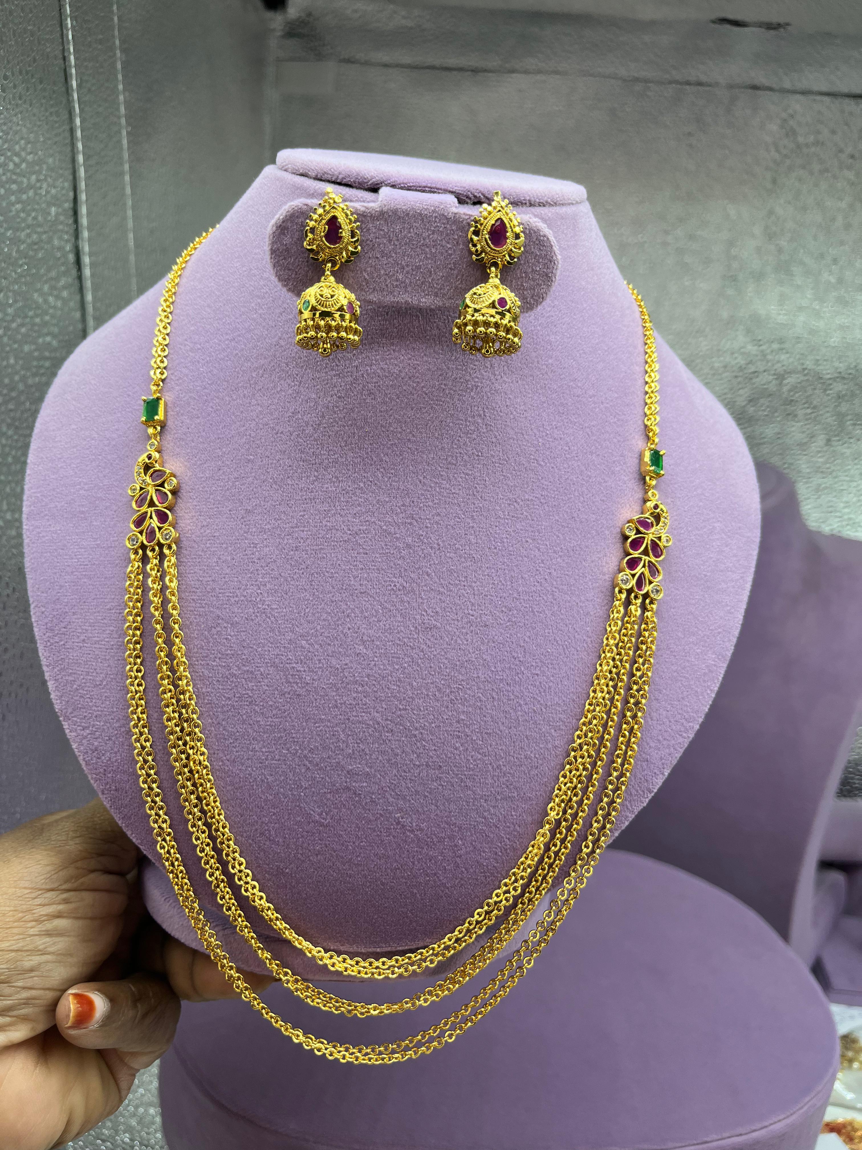 Multi Layer Gold Tone Necklace Set with Jhumka Earrings