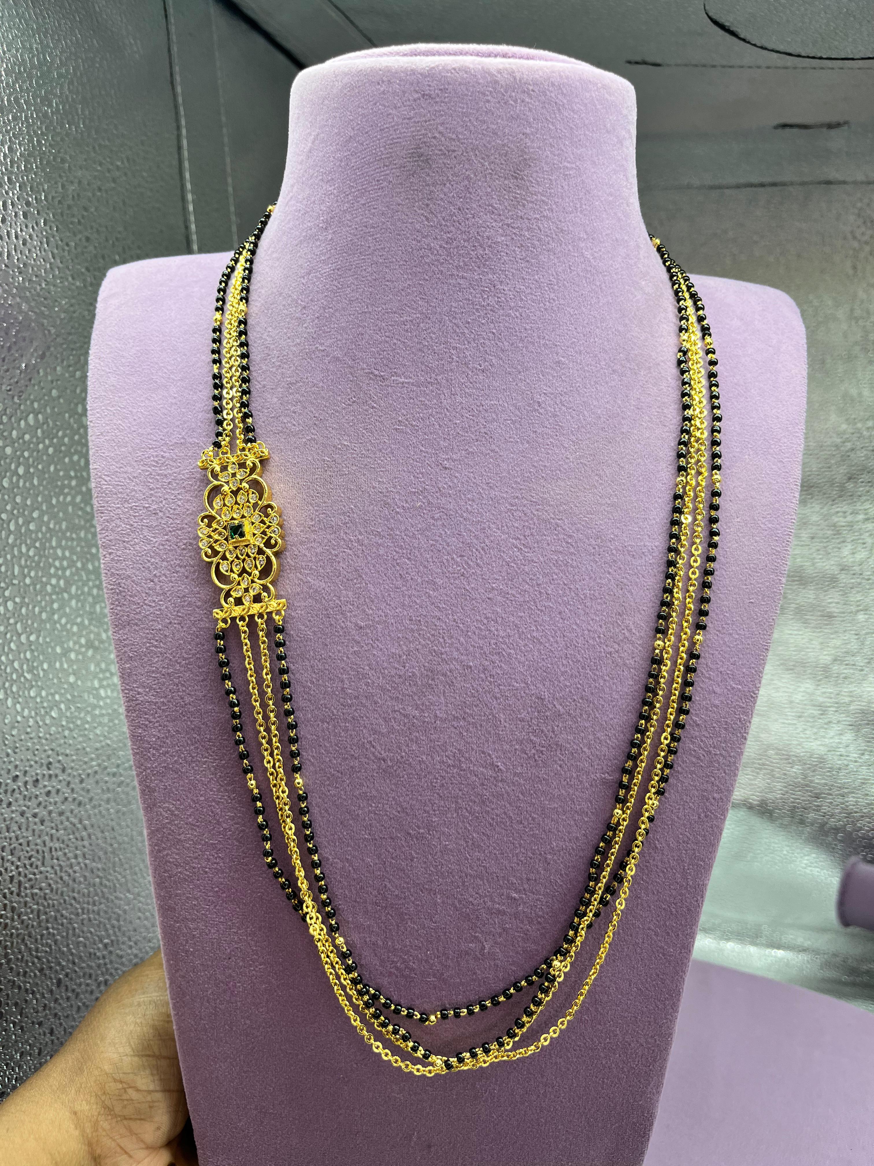 Dual Layer Black Beads Mangalsutra with Gold Floral 